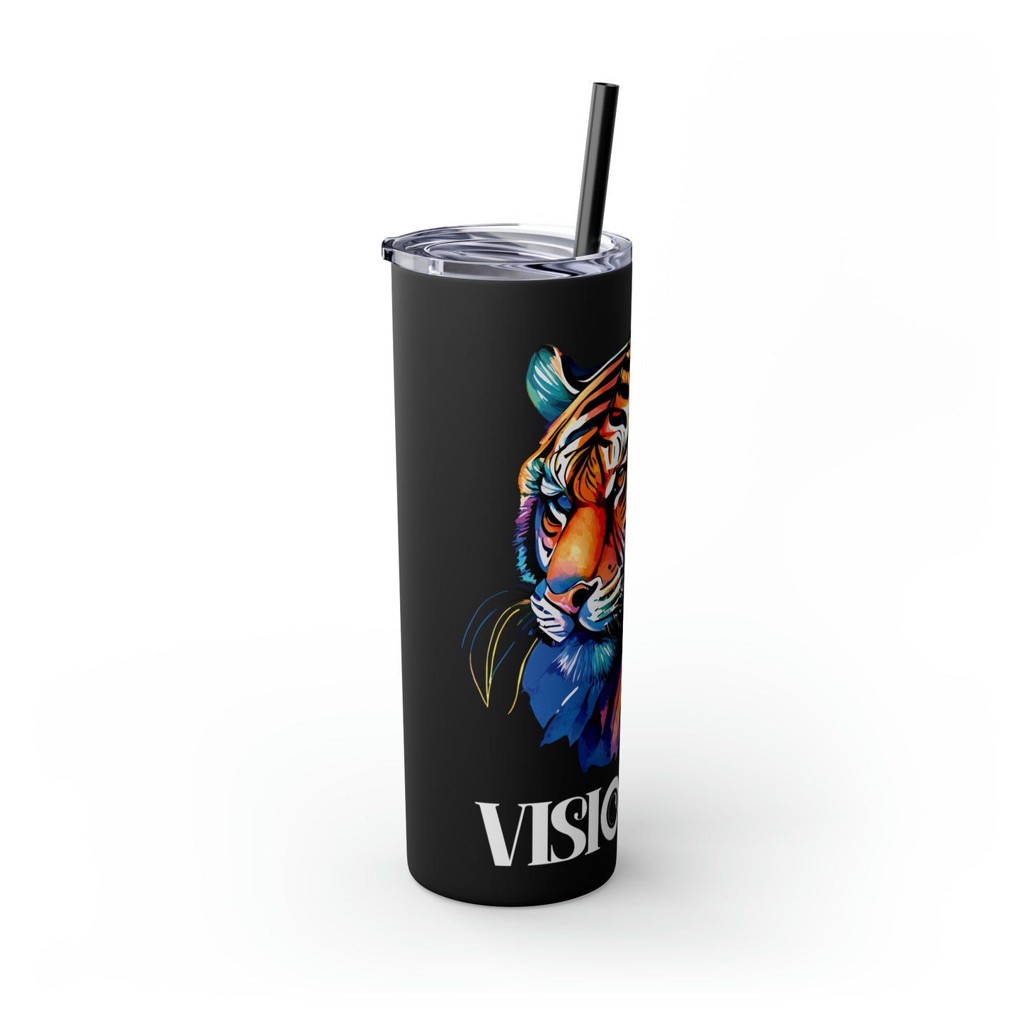VISIONARY: Tiger Graphic Skinny Tumbler with Straw, 20oz (Black Matte Finish or Black Glitter Glossy Finish)