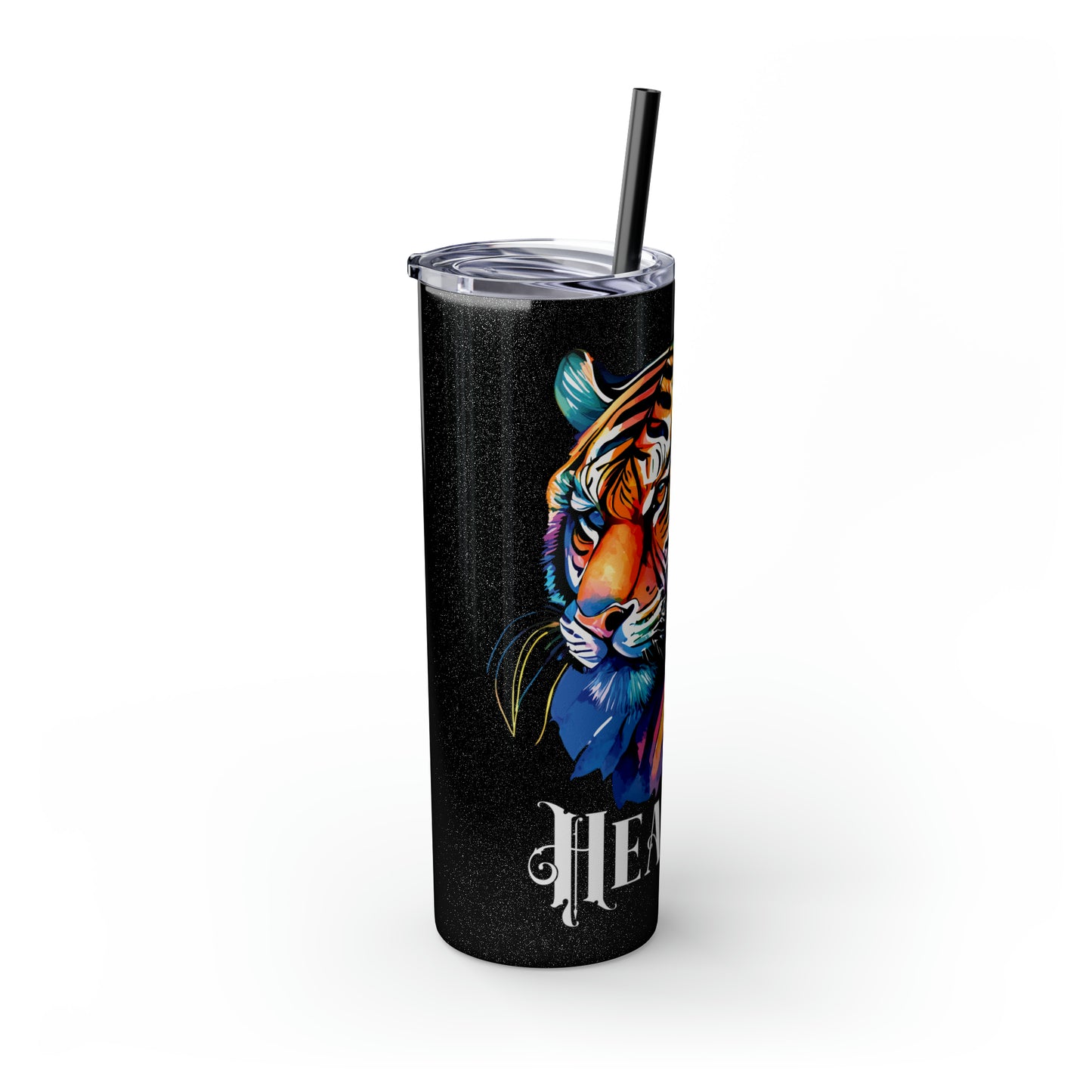 HEALER: Tiger Graphic Skinny Tumbler with Straw, 20oz (Black Matte Finish or Black Glitter Glossy Finish)
