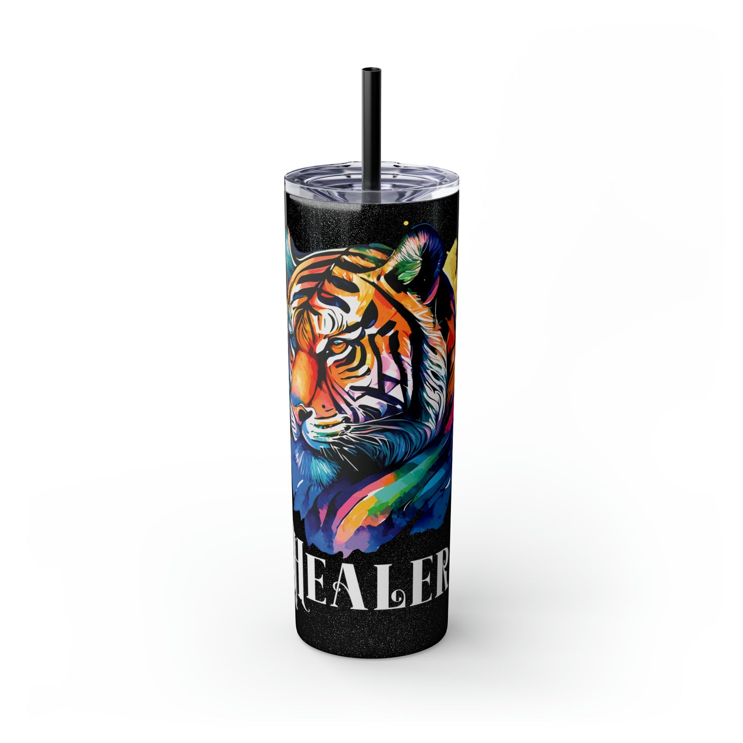 HEALER: Tiger Graphic Skinny Tumbler with Straw, 20oz (Black Matte Finish or Black Glitter Glossy Finish)