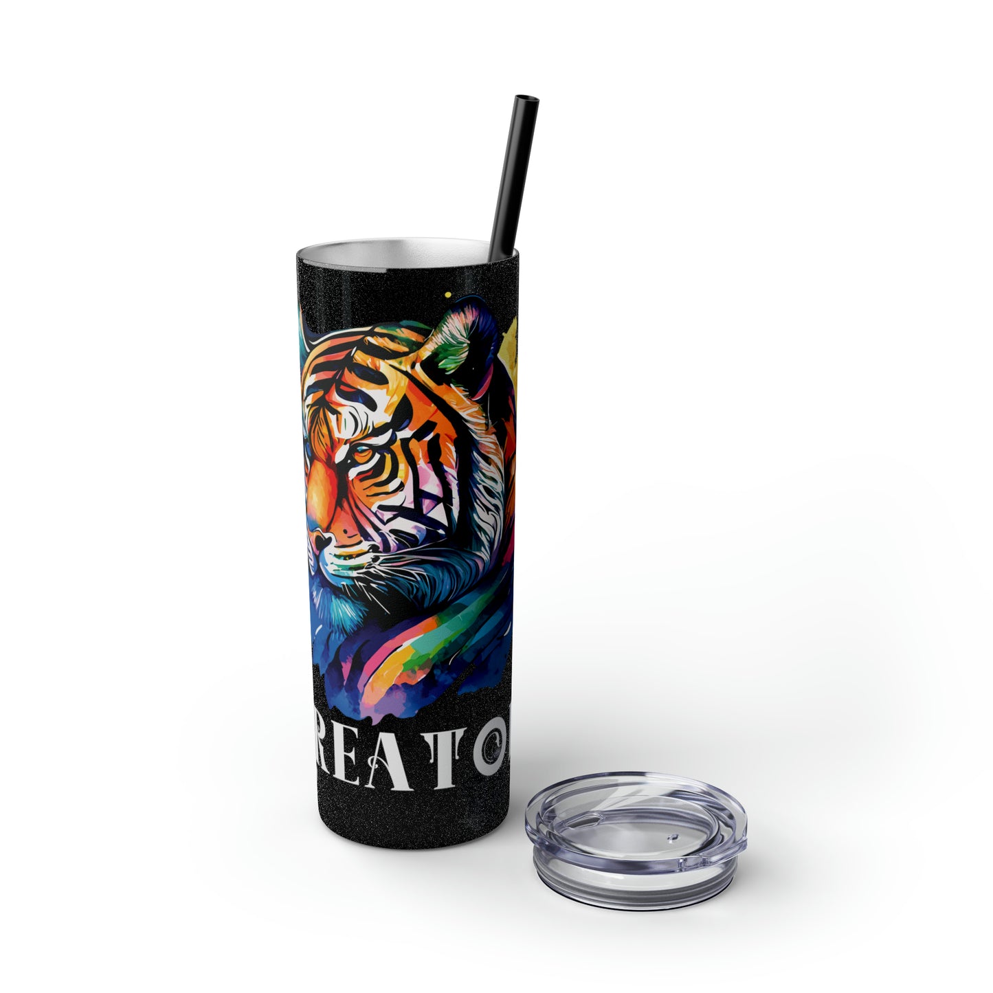 CREATOR: Tiger Graphic Skinny Tumbler with Straw, 20oz (Black Matte Finish or Black Glitter Glossy Finish)