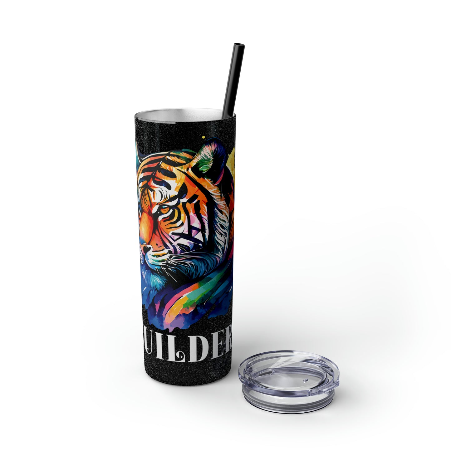 BUILDER: Tiger Graphic Skinny Tumbler with Straw, 20oz (Black Matte Finish or Black Glitter Glossy Finish)