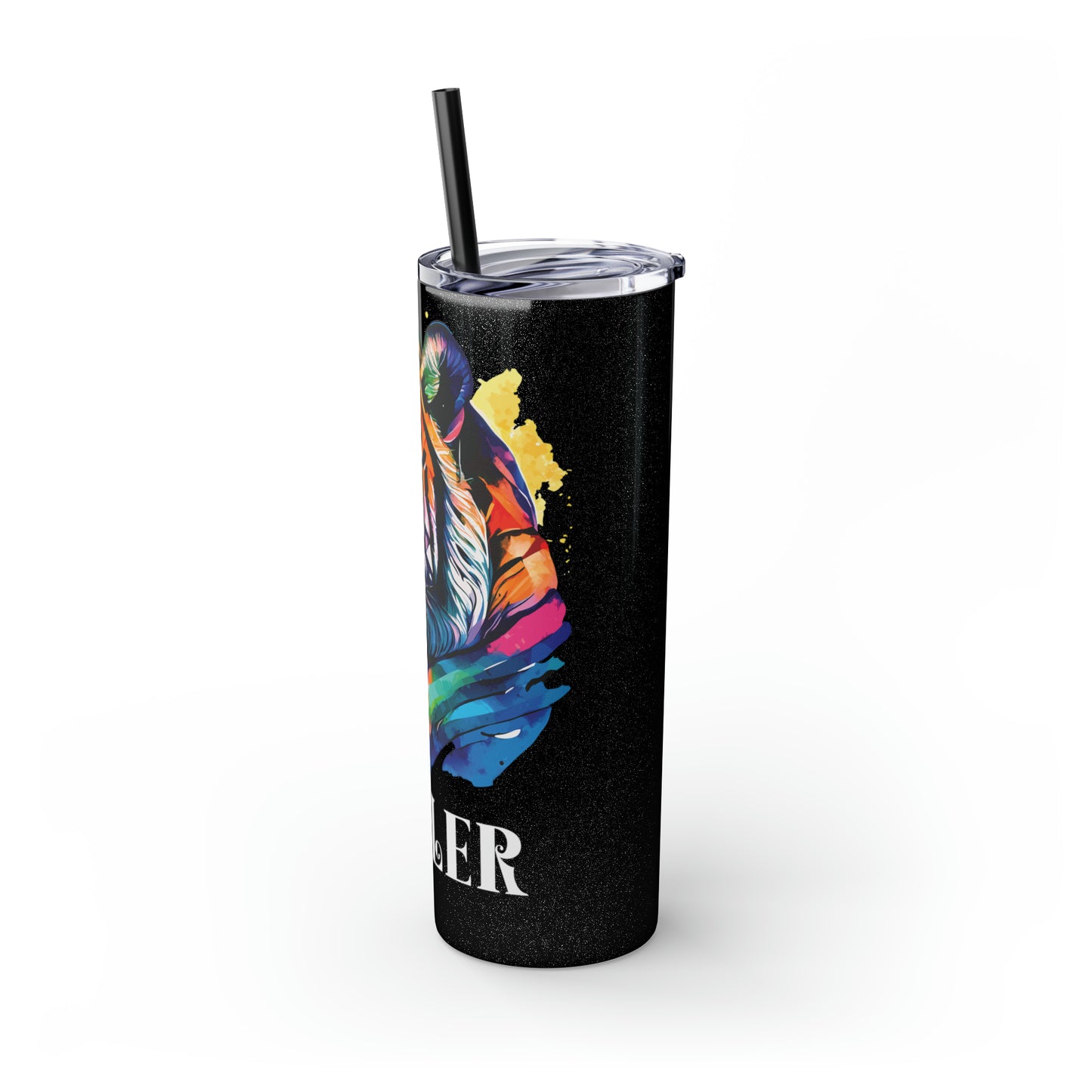 HEALER: Tiger Graphic Skinny Tumbler with Straw, 20oz (Black Matte Finish or Black Glitter Glossy Finish)