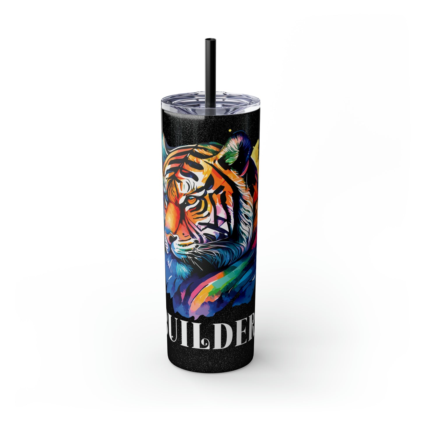 BUILDER: Tiger Graphic Skinny Tumbler with Straw, 20oz (Black Matte Finish or Black Glitter Glossy Finish)