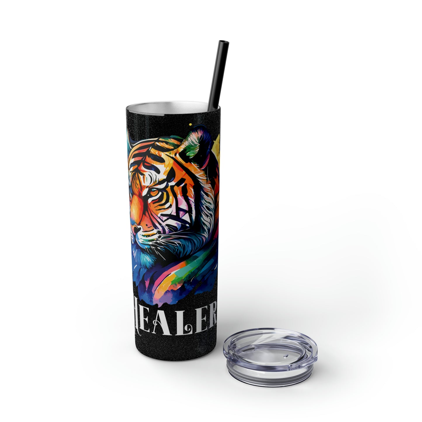 HEALER: Tiger Graphic Skinny Tumbler with Straw, 20oz (Black Matte Finish or Black Glitter Glossy Finish)