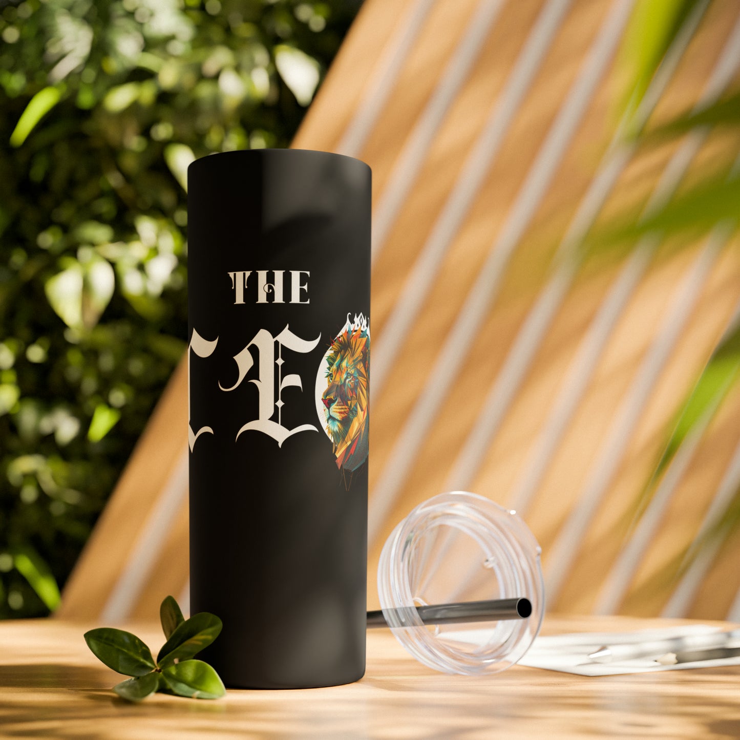 THE CEO: Lion Graphic Skinny Tumbler with Straw, 20oz (Black Matte Finish or Black Glitter Glossy Finish)