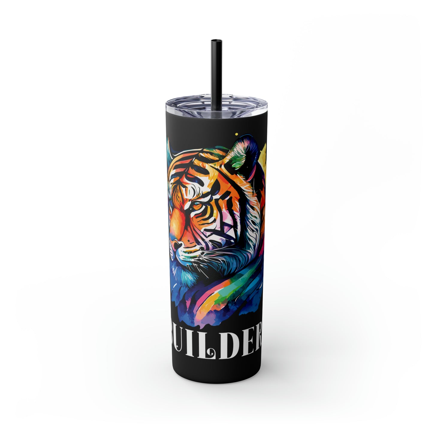 BUILDER: Tiger Graphic Skinny Tumbler with Straw, 20oz (Black Matte Finish or Black Glitter Glossy Finish)