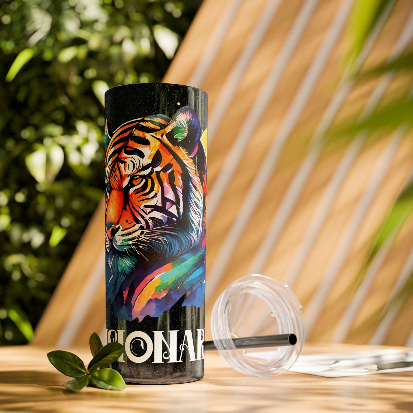 VISIONARY: Tiger Graphic Skinny Tumbler with Straw, 20oz (Black Matte Finish or Black Glitter Glossy Finish)