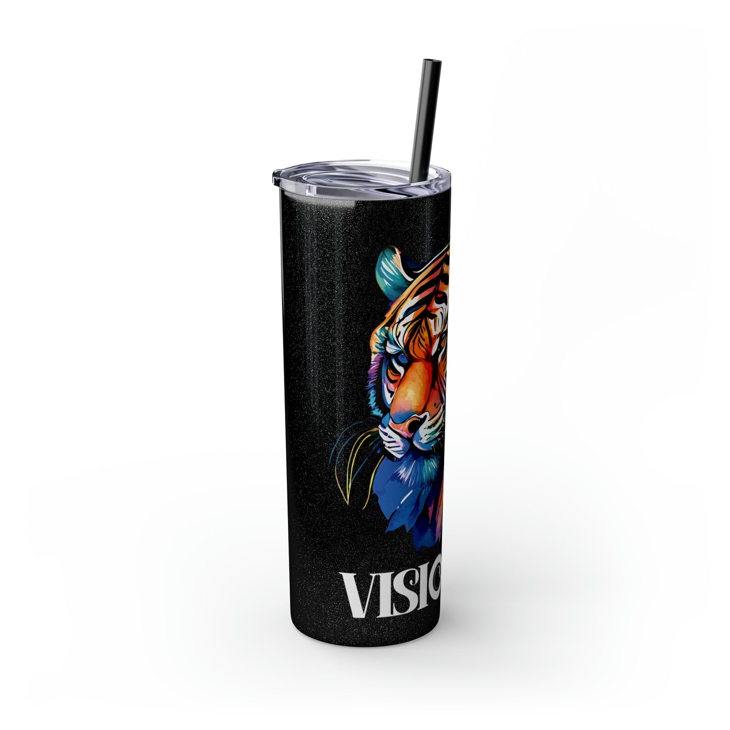 VISIONARY: Tiger Graphic Skinny Tumbler with Straw, 20oz (Black Matte Finish or Black Glitter Glossy Finish)