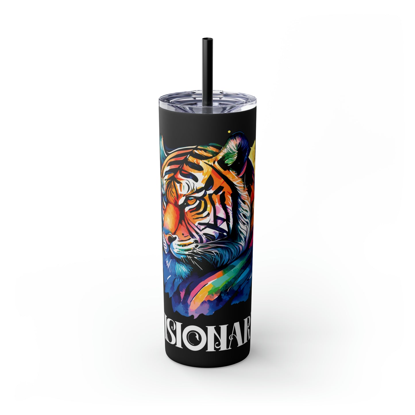VISIONARY: Tiger Graphic Skinny Tumbler with Straw, 20oz (Black Matte Finish or Black Glitter Glossy Finish)