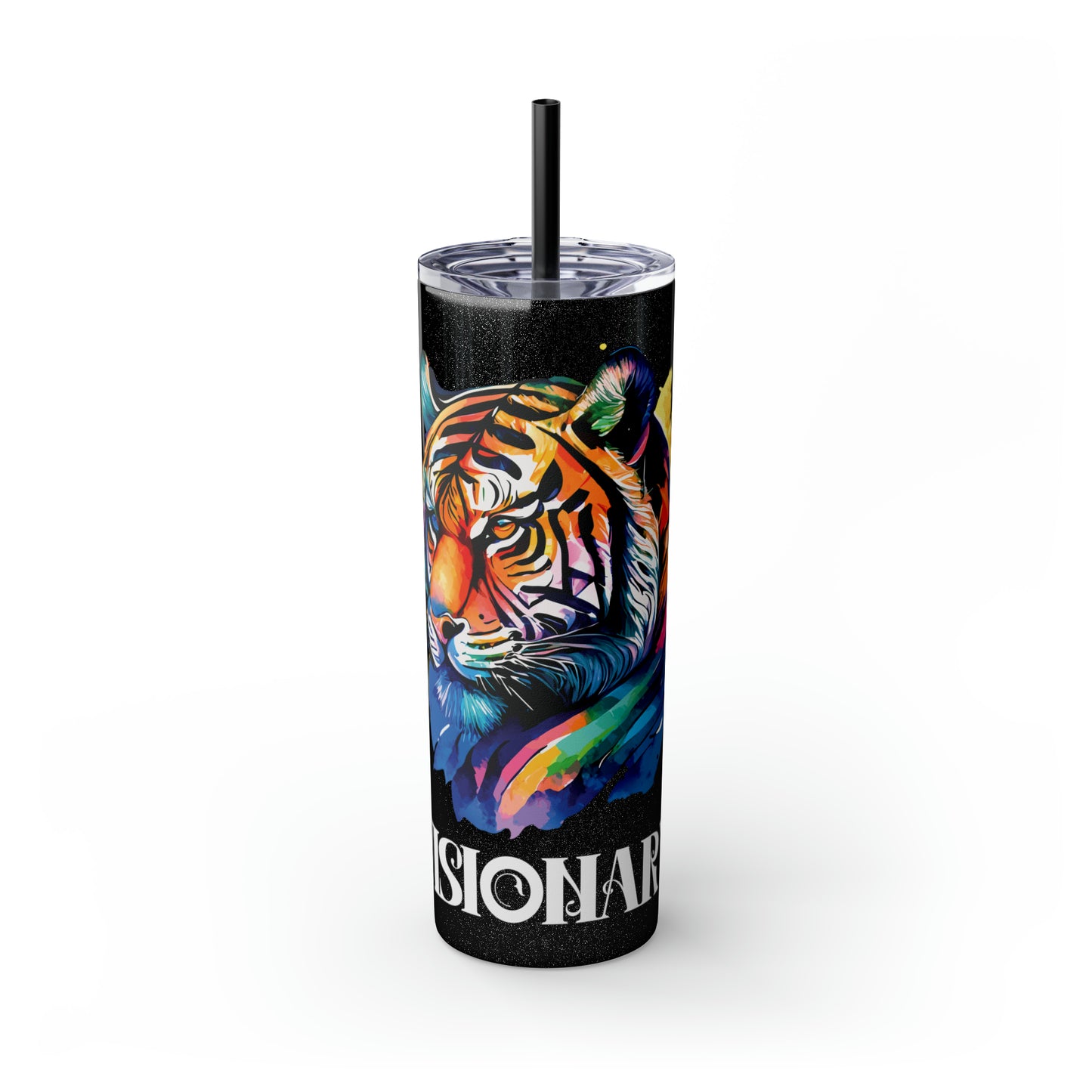 VISIONARY: Tiger Graphic Skinny Tumbler with Straw, 20oz (Black Matte Finish or Black Glitter Glossy Finish)