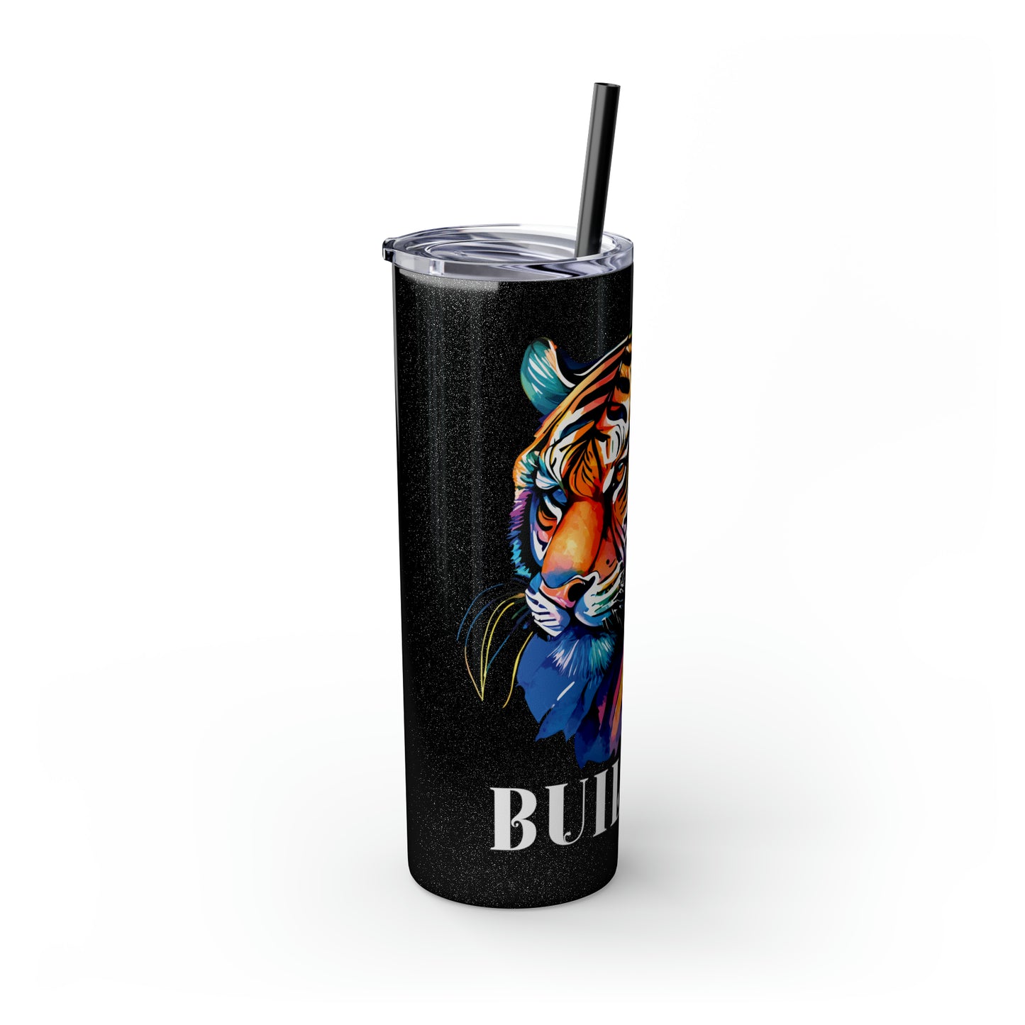 BUILDER: Tiger Graphic Skinny Tumbler with Straw, 20oz (Black Matte Finish or Black Glitter Glossy Finish)