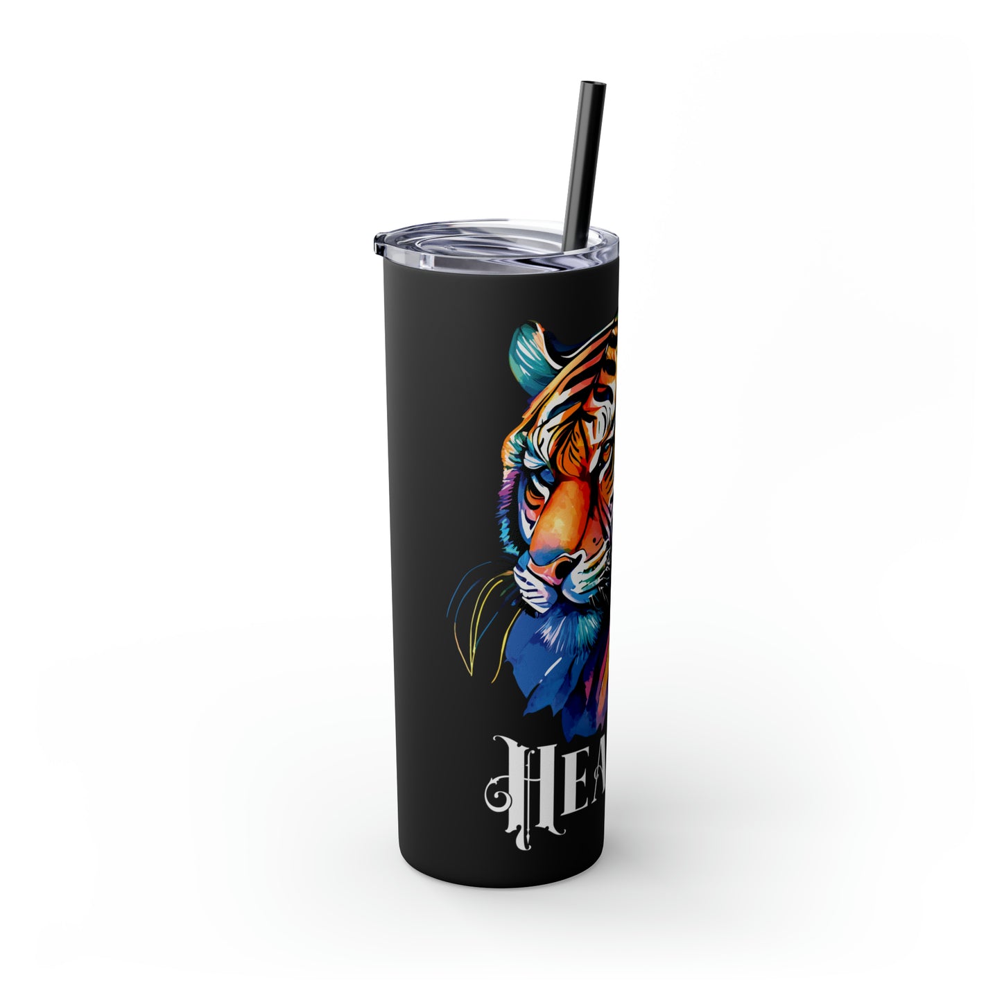 HEALER: Tiger Graphic Skinny Tumbler with Straw, 20oz (Black Matte Finish or Black Glitter Glossy Finish)