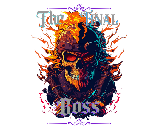 The Final Boss: Biker Skull With Flames Graphic Tee