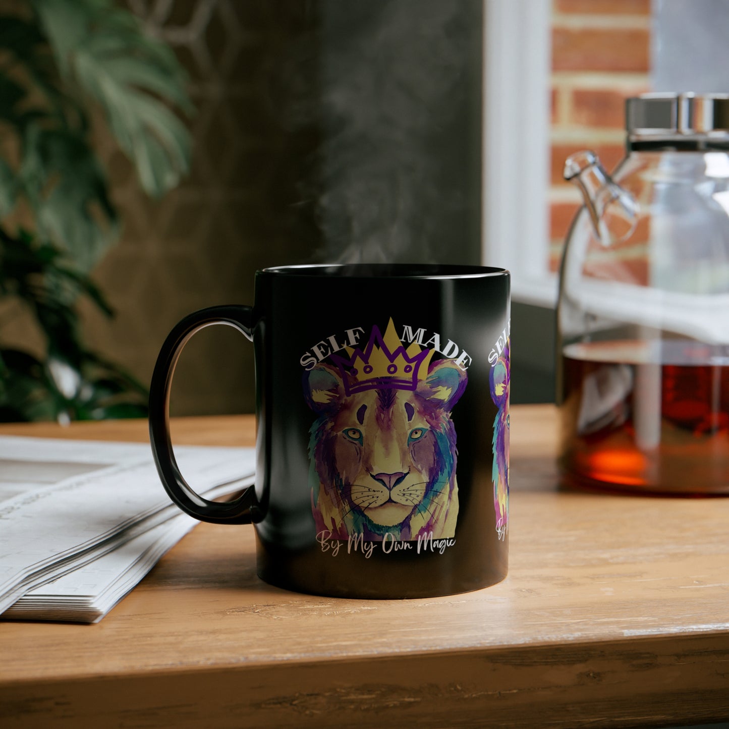 Classic Crown Lion in Royal Purple: 11oz Black Mug with Glossy Finish