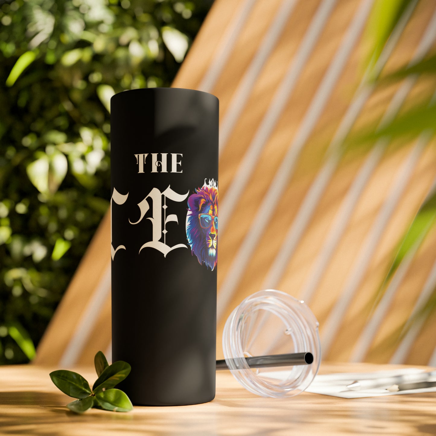 THE CEO: Lion Graphic Skinny Tumbler with Straw, 20oz (Black Matte Finish or Black Glitter Glossy Finish)