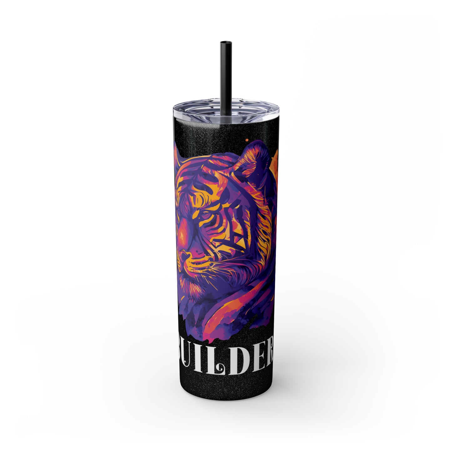 BUILDER: Tiger Graphic Skinny Tumbler with Straw, 20oz (Black Matte Finish or Black Glitter Glossy Finish)