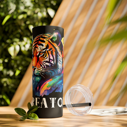 CREATOR: Tiger Graphic Skinny Tumbler with Straw, 20oz (Black Matte Finish or Black Glitter Glossy Finish)