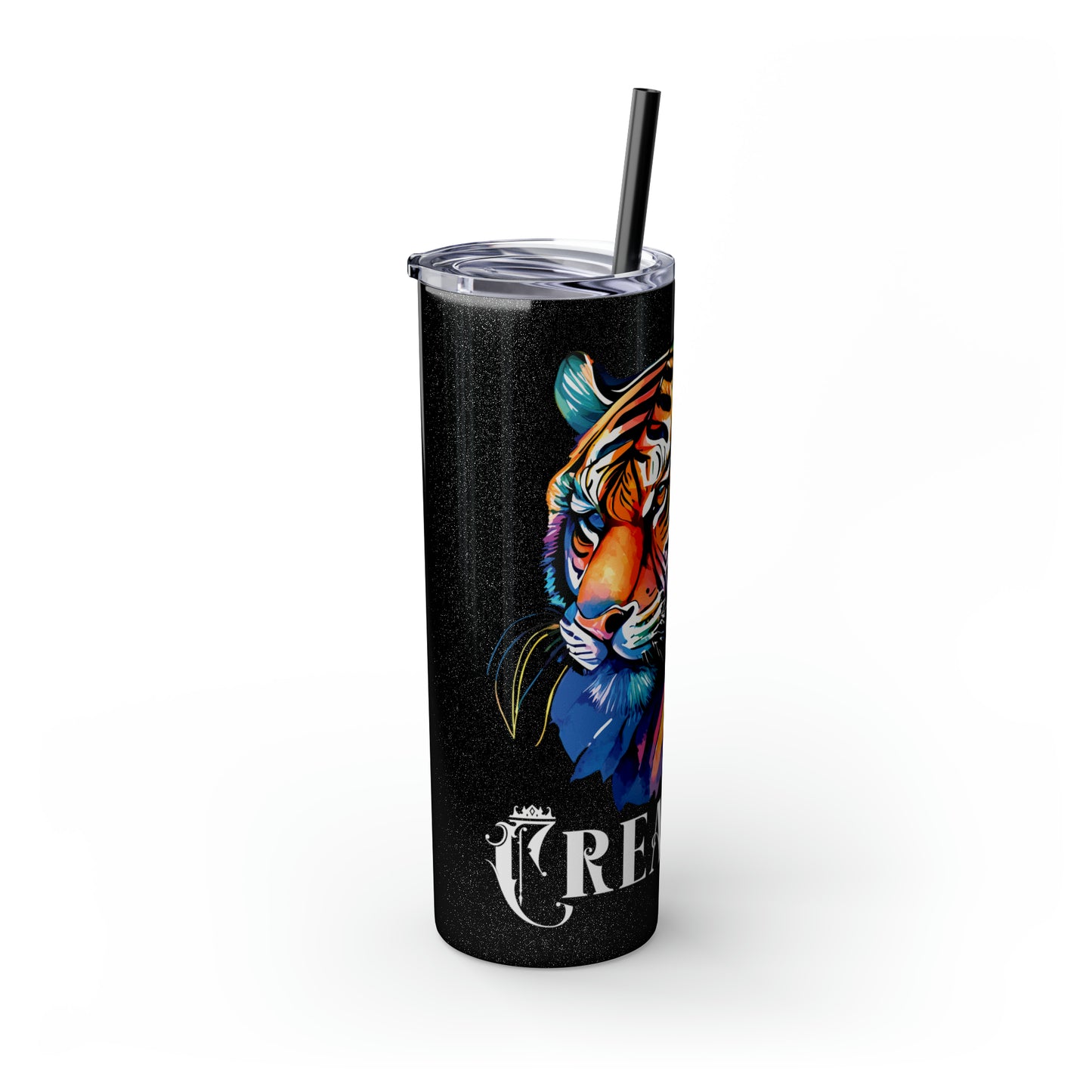 CREATOR: Tiger Graphic Skinny Tumbler with Straw, 20oz (Black Matte Finish or Black Glitter Glossy Finish)