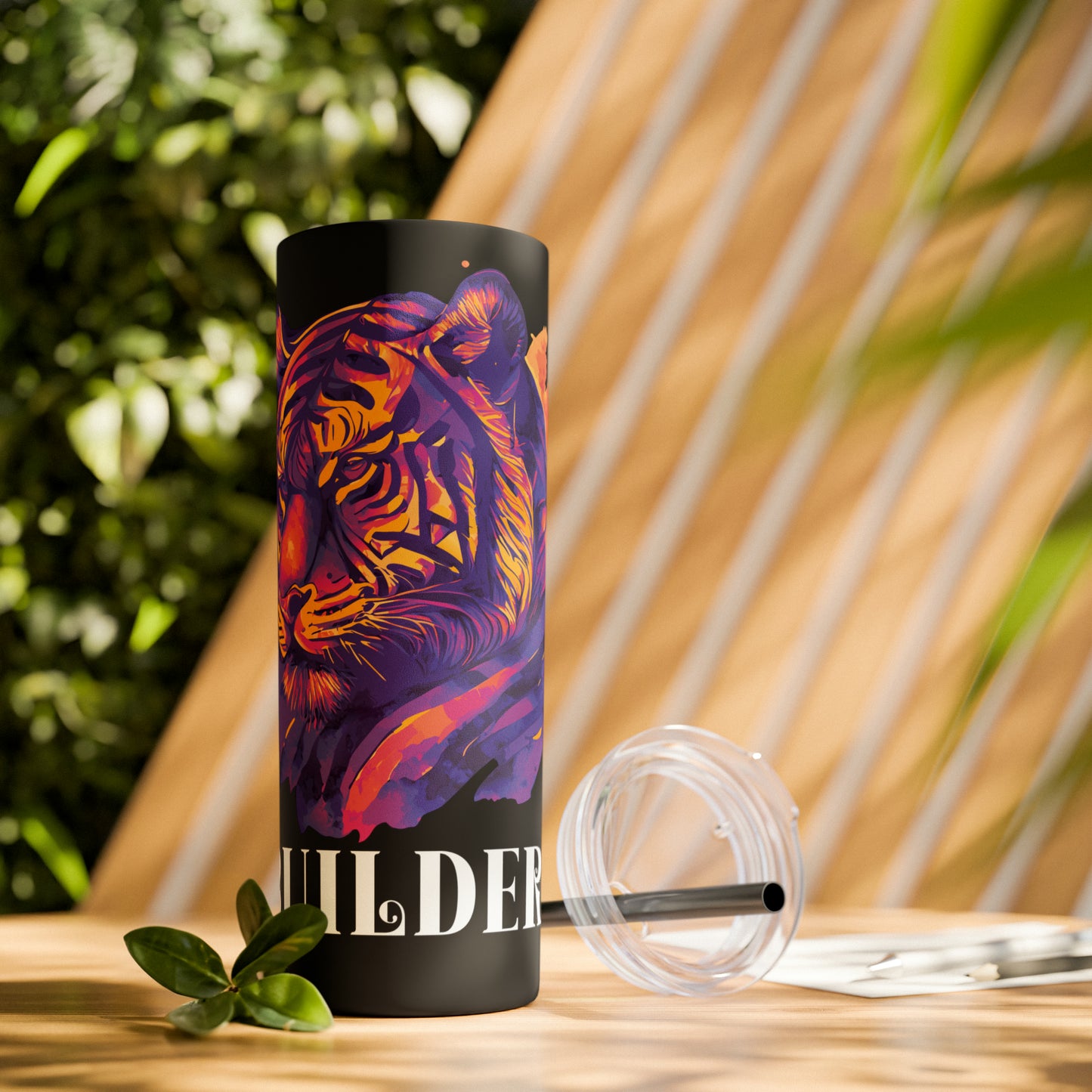 BUILDER: Tiger Graphic Skinny Tumbler with Straw, 20oz (Black Matte Finish or Black Glitter Glossy Finish)