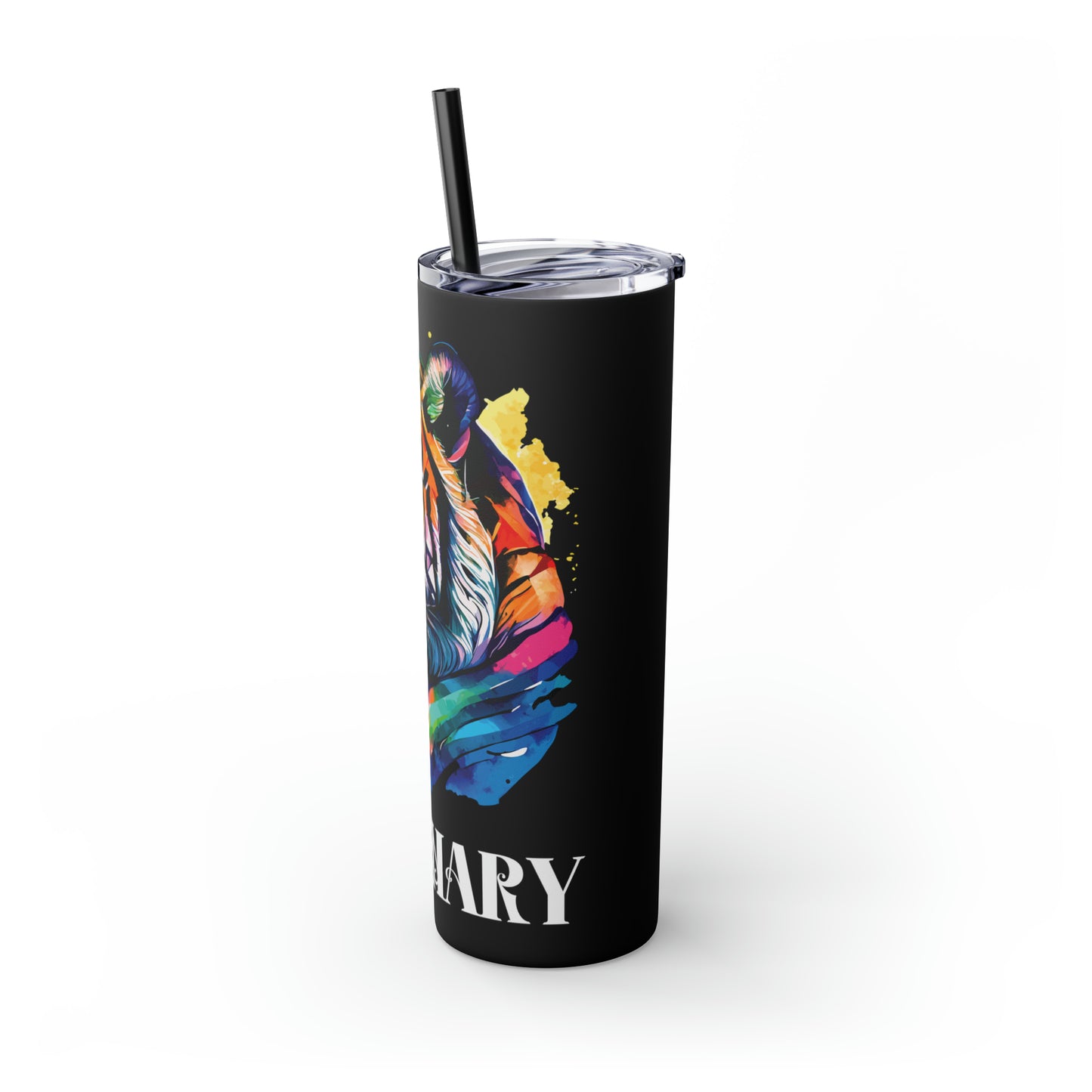 VISIONARY: Tiger Graphic Skinny Tumbler with Straw, 20oz (Black Matte Finish or Black Glitter Glossy Finish)