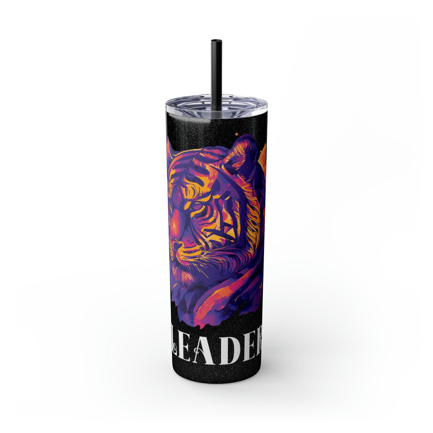 LEADER: Tiger Graphic Skinny Tumbler with Straw, 20oz (Black Matte Finish or Black Glitter Glossy Finish)