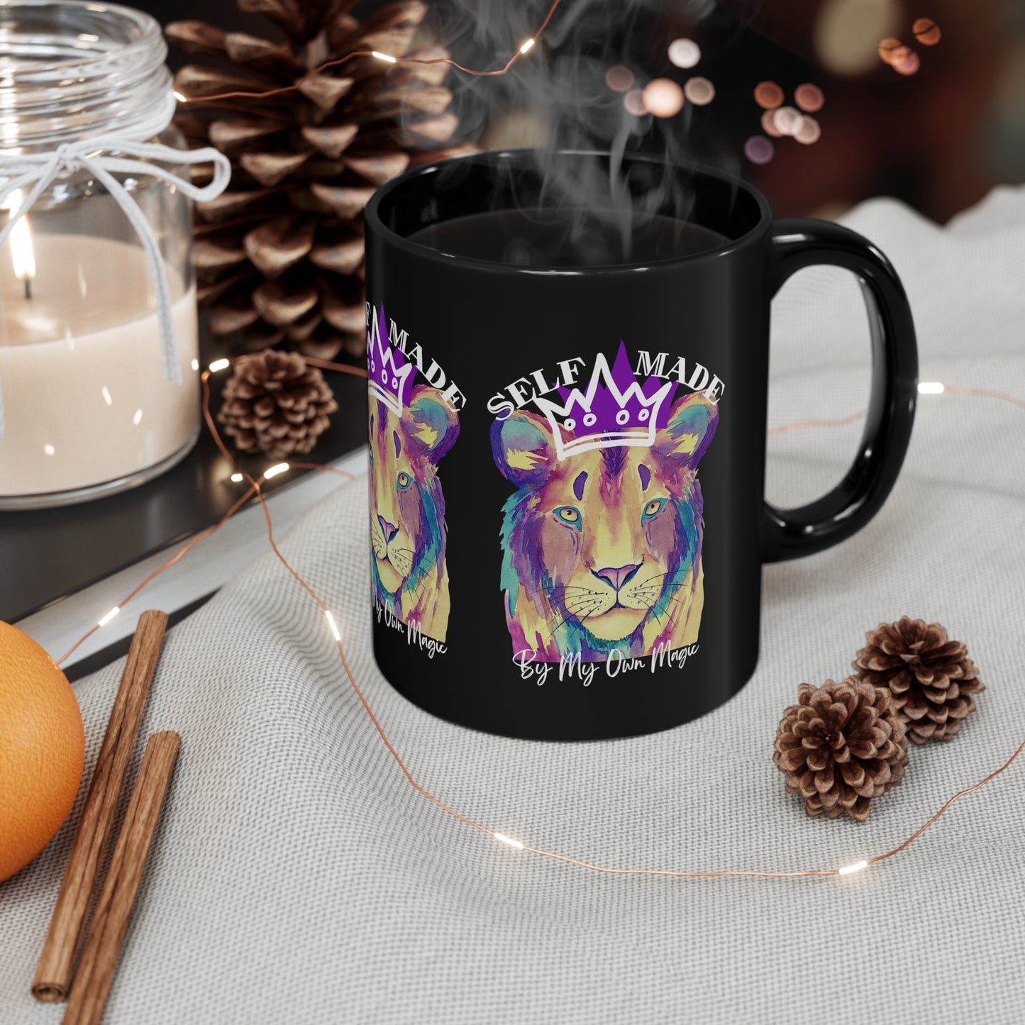 Street Art Remix Lion in Royal Purple: 11oz Black Mug with Glossy Finish