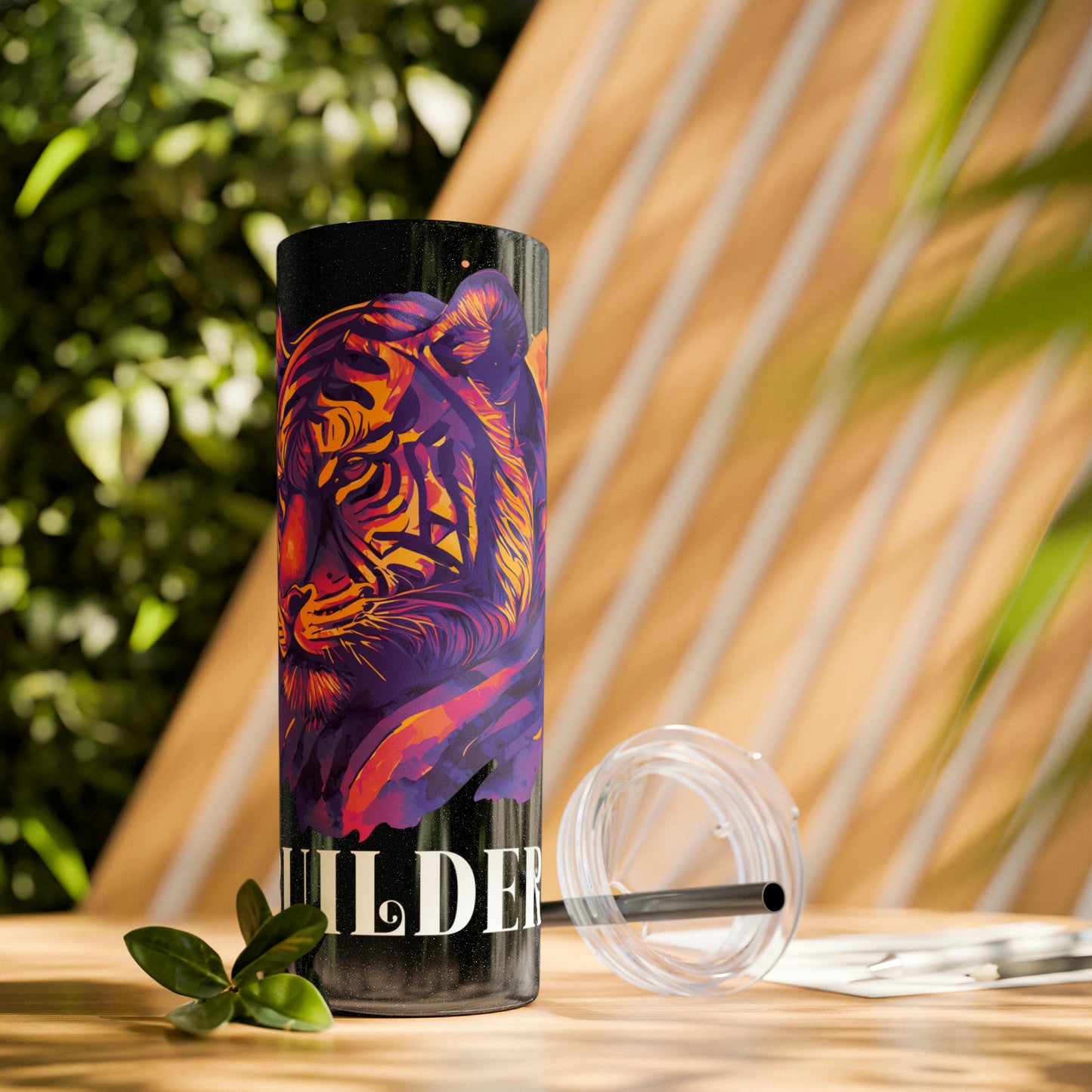 BUILDER: Tiger Graphic Skinny Tumbler with Straw, 20oz (Black Matte Finish or Black Glitter Glossy Finish)