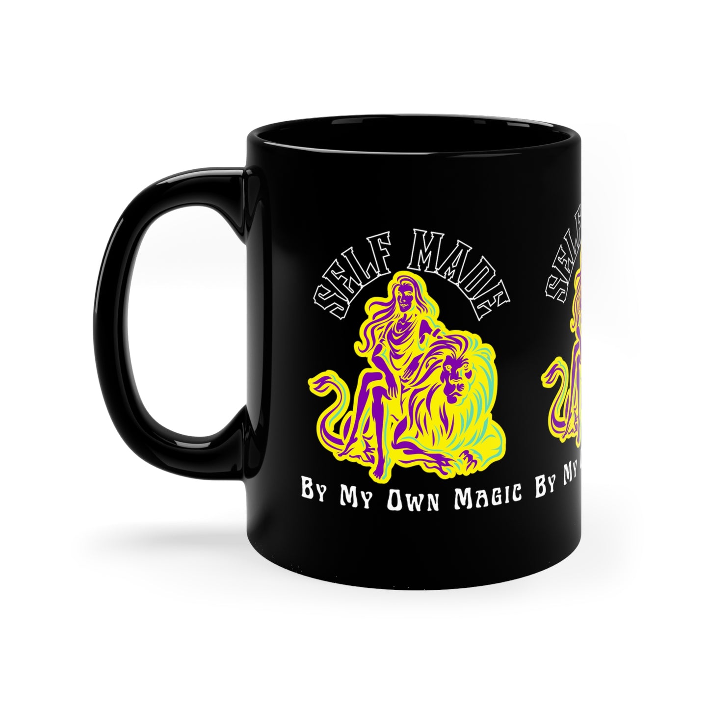 Retro Lady & Lion in Royal Purple: 11oz Black Mug with Glossy Finish