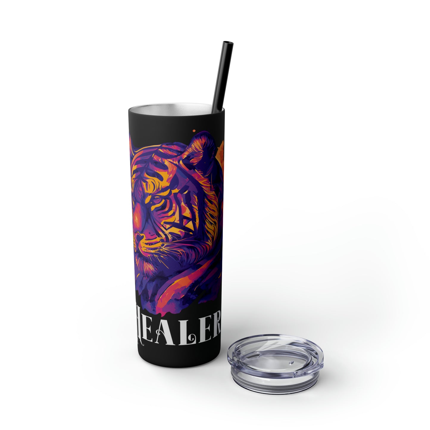 HEALER: Tiger Graphic Skinny Tumbler with Straw, 20oz (Black Matte Finish or Black Glitter Glossy Finish)