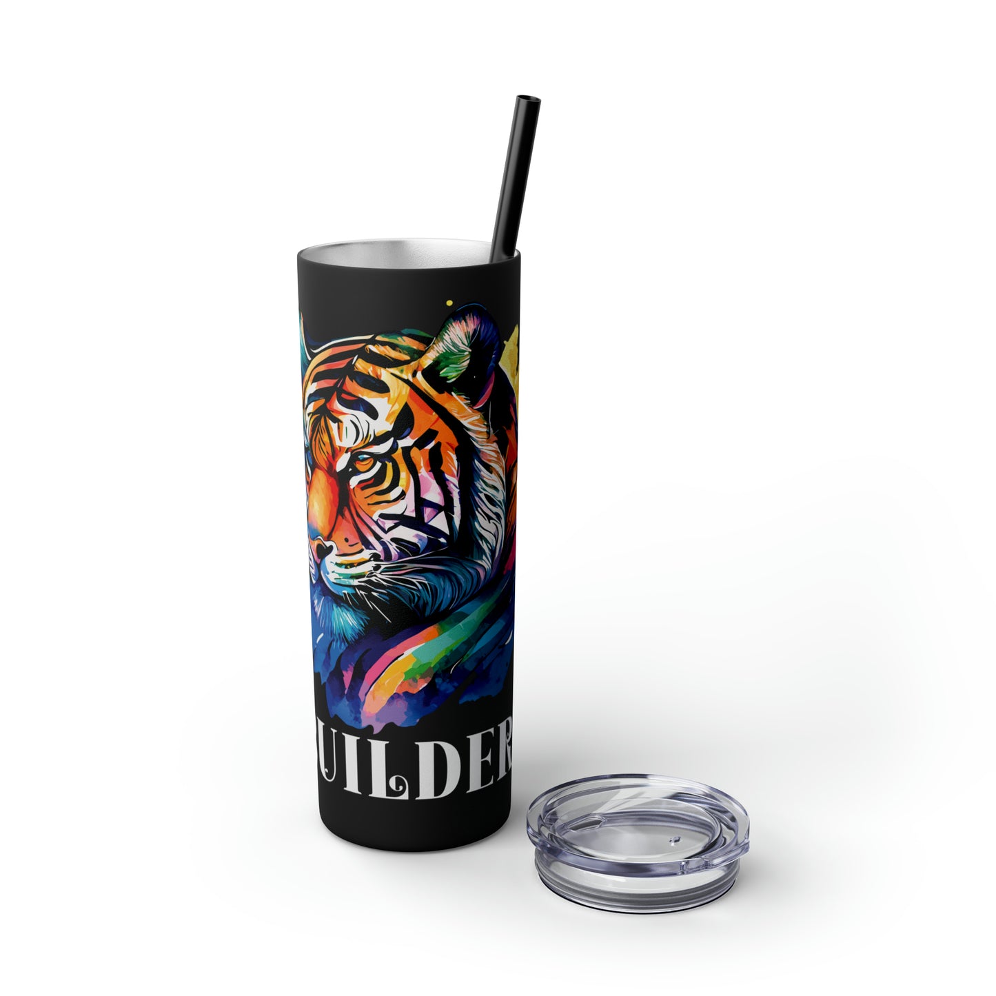 BUILDER: Tiger Graphic Skinny Tumbler with Straw, 20oz (Black Matte Finish or Black Glitter Glossy Finish)