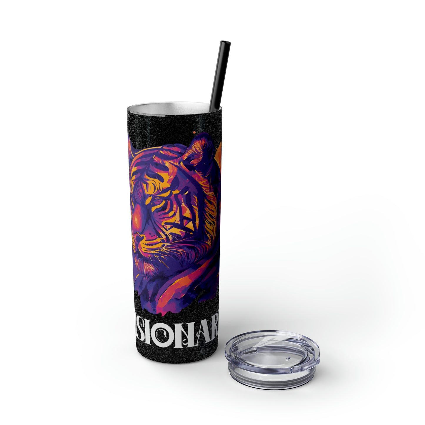 VISIONARY: Tiger Graphic Skinny Tumbler with Straw, 20oz (Black Matte Finish or Black Glitter Glossy Finish)