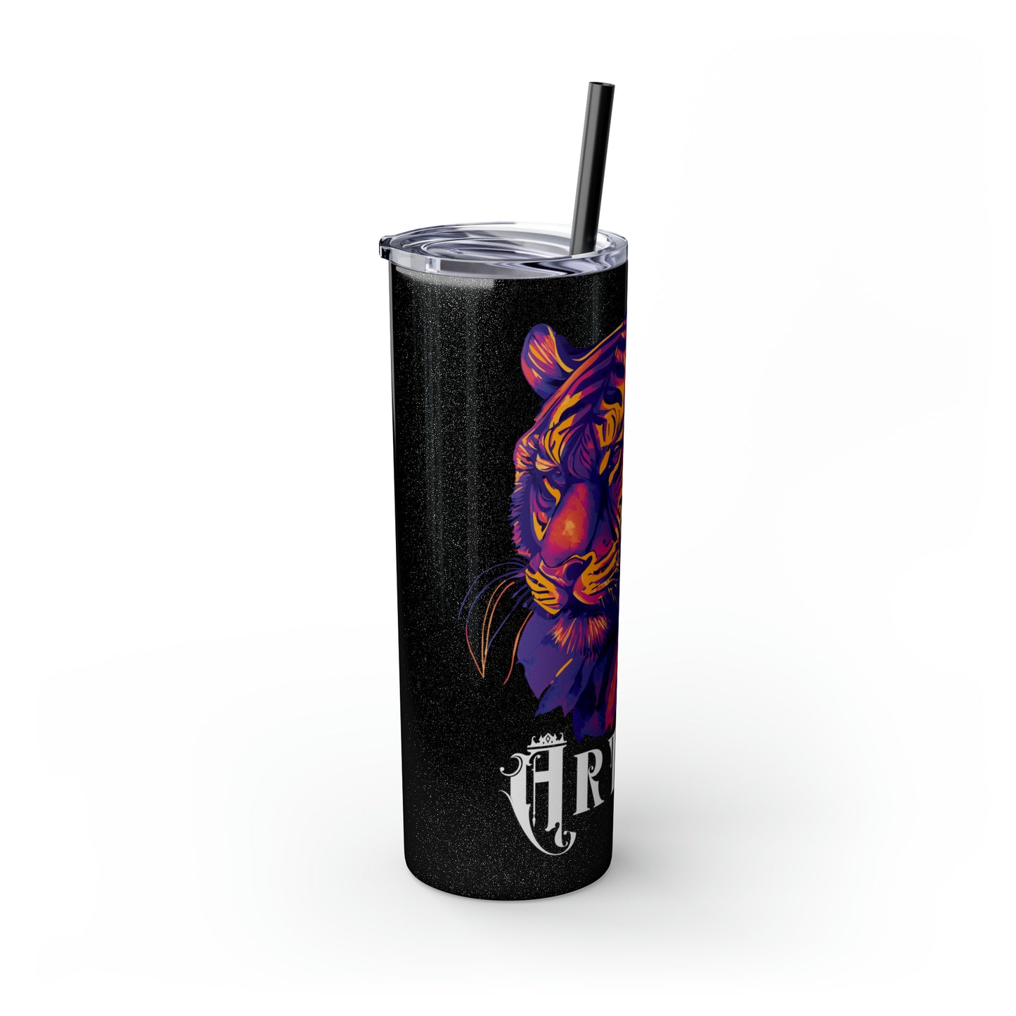 ARTIST: Tiger Graphic Skinny Tumbler with Straw, 20oz (Black Matte Finish or Black Glitter Glossy Finish)