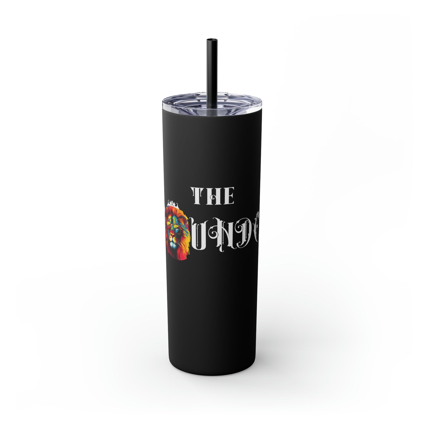 THE FOUNDER: Lion Graphic Skinny Tumbler with Straw, 20oz (Black Matte Finish or Black Glitter Glossy Finish)