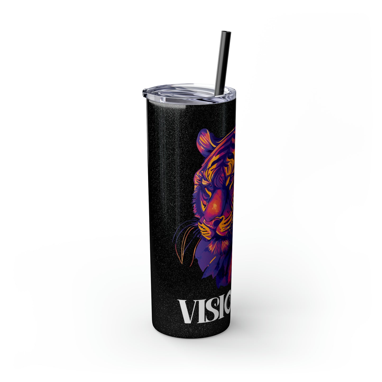 VISIONARY: Tiger Graphic Skinny Tumbler with Straw, 20oz (Black Matte Finish or Black Glitter Glossy Finish)