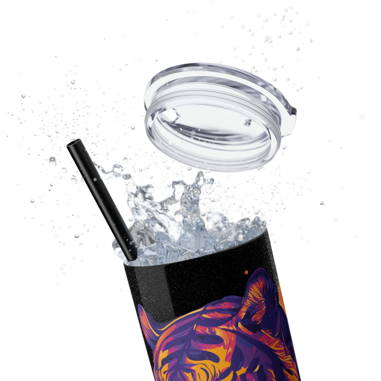 VISIONARY: Tiger Graphic Skinny Tumbler with Straw, 20oz (Black Matte Finish or Black Glitter Glossy Finish)