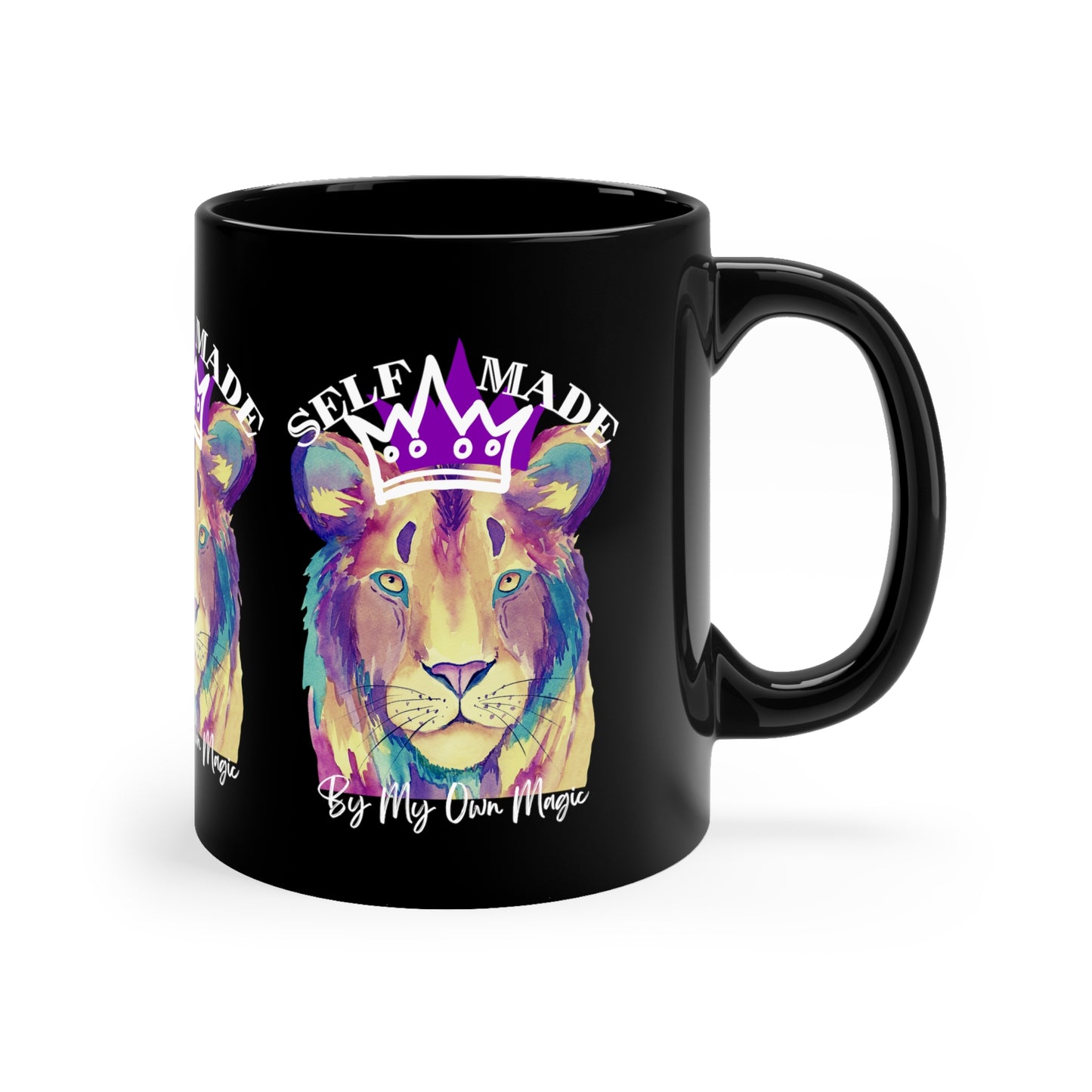 Street Art Remix Lion in Royal Purple: 11oz Black Mug with Glossy Finish