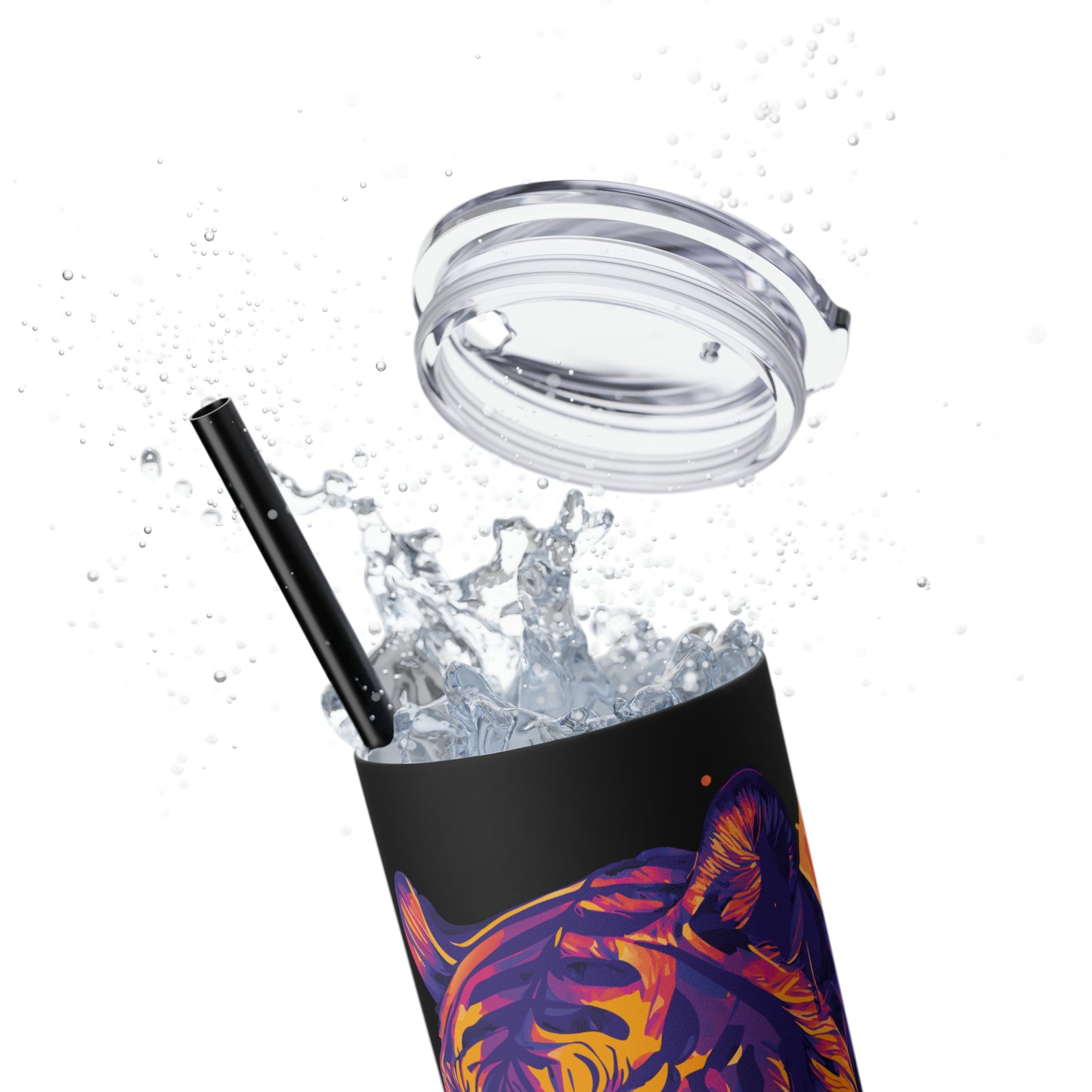 VISIONARY: Tiger Graphic Skinny Tumbler with Straw, 20oz (Black Matte Finish or Black Glitter Glossy Finish)