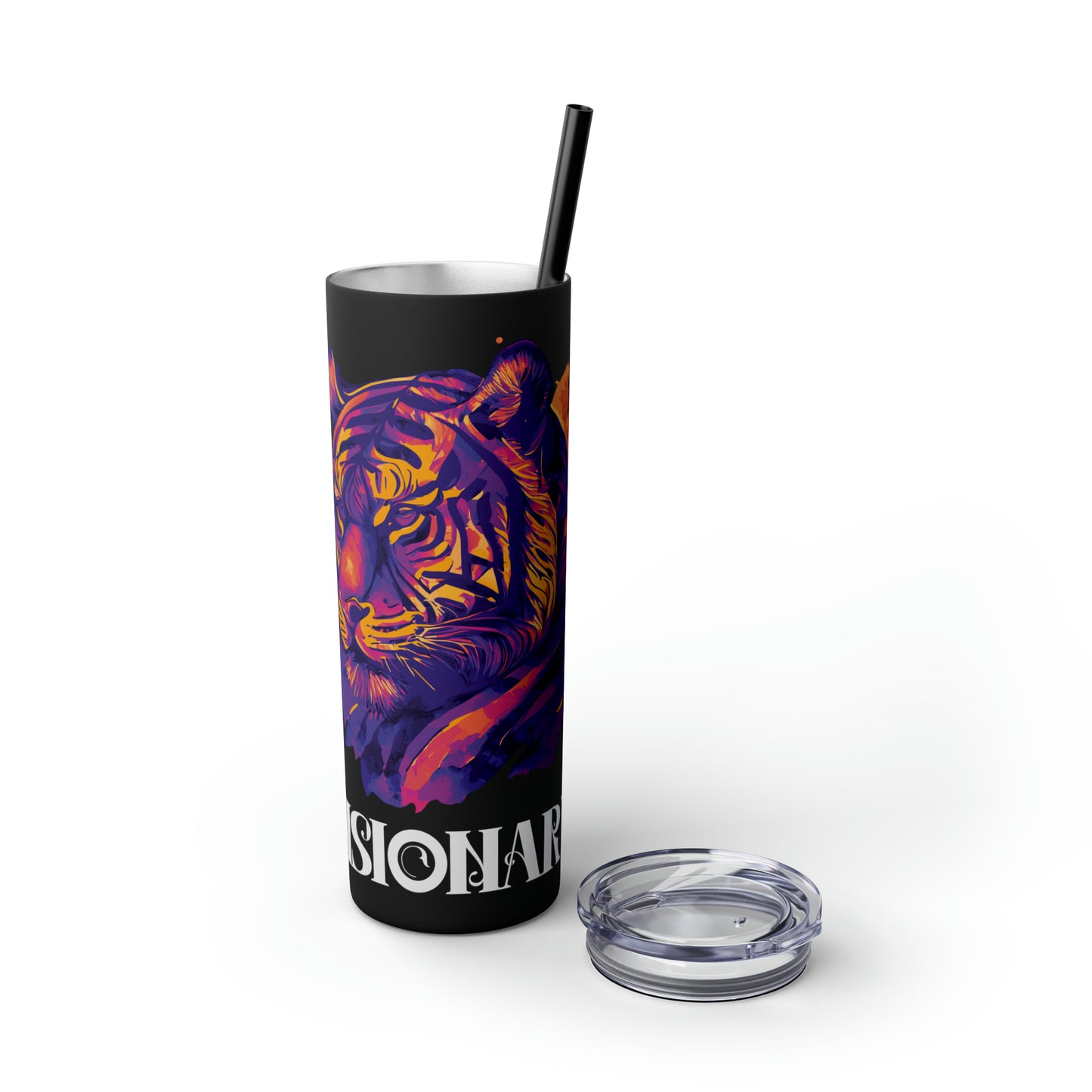 VISIONARY: Tiger Graphic Skinny Tumbler with Straw, 20oz (Black Matte Finish or Black Glitter Glossy Finish)