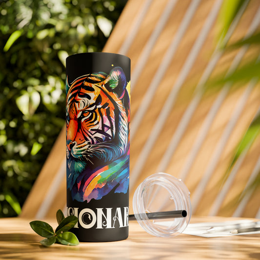 VISIONARY: Tiger Graphic Skinny Tumbler with Straw, 20oz (Black Matte Finish or Black Glitter Glossy Finish)