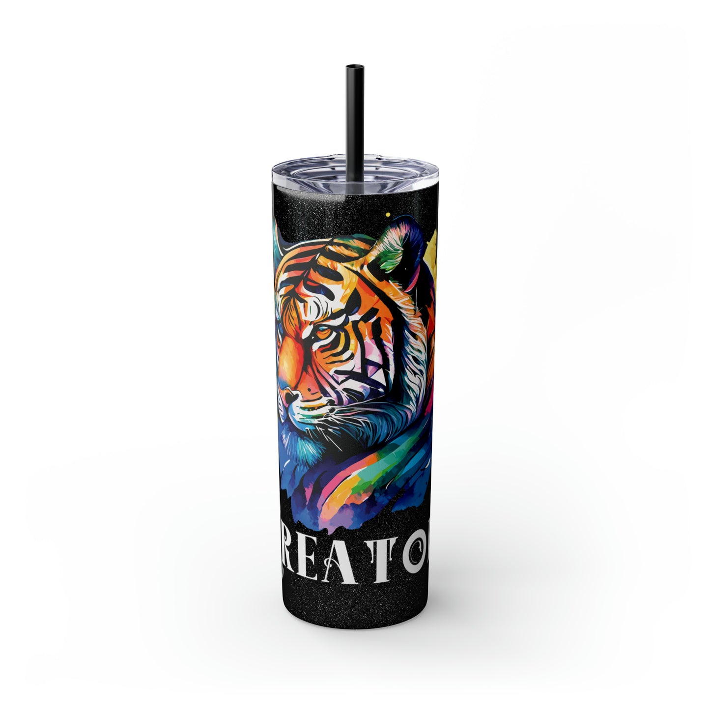 CREATOR: Tiger Graphic Skinny Tumbler with Straw, 20oz (Black Matte Finish or Black Glitter Glossy Finish)
