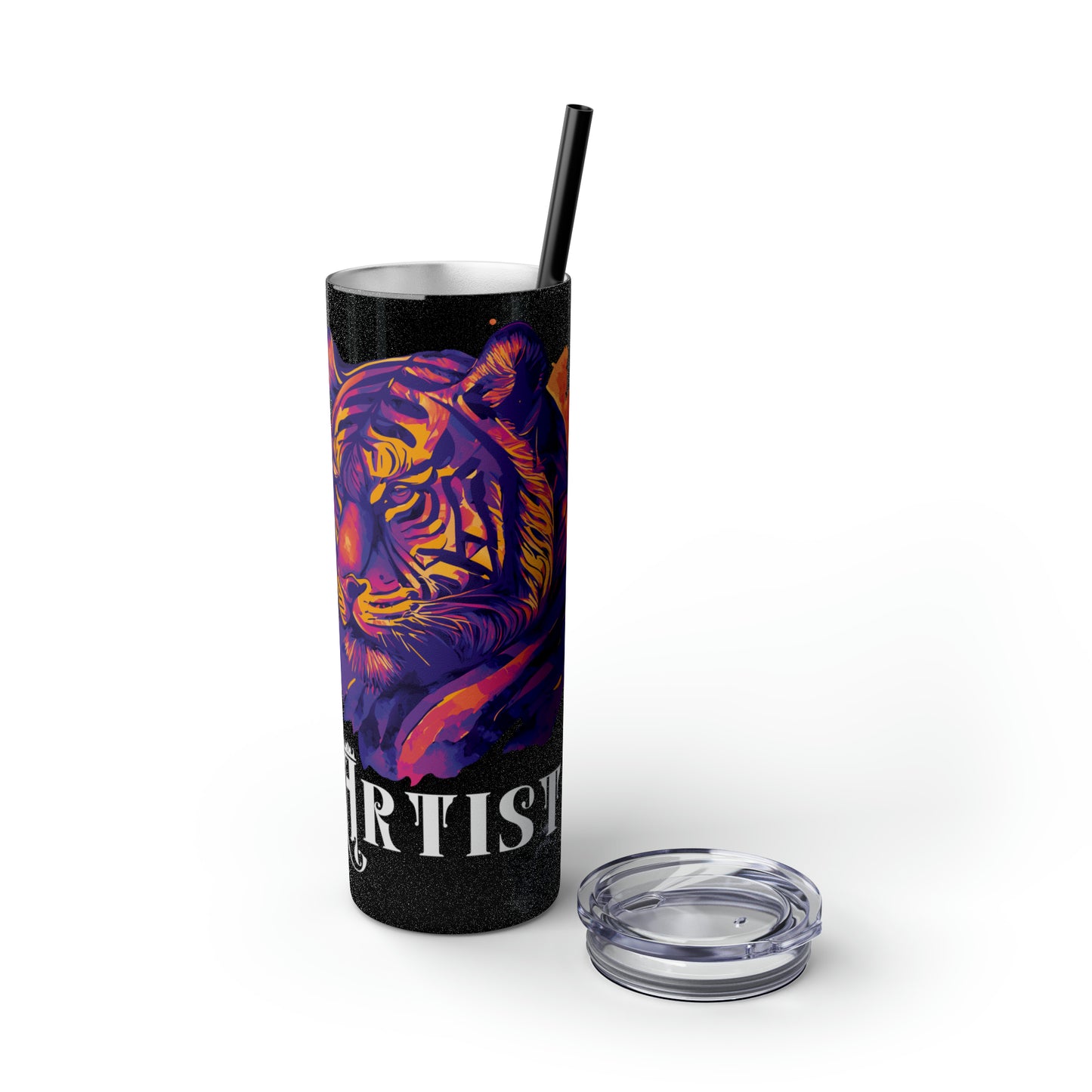 ARTIST: Tiger Graphic Skinny Tumbler with Straw, 20oz (Black Matte Finish or Black Glitter Glossy Finish)