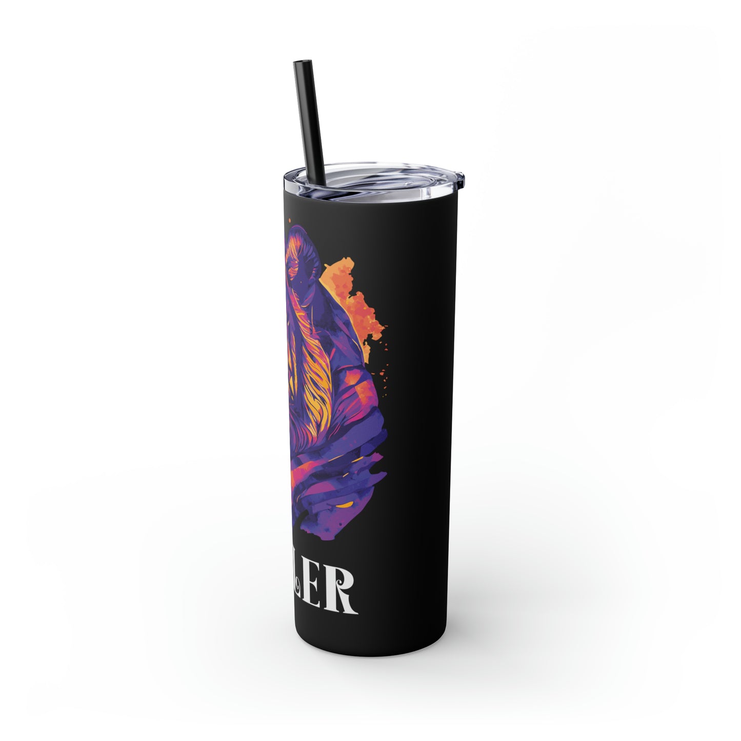 HEALER: Tiger Graphic Skinny Tumbler with Straw, 20oz (Black Matte Finish or Black Glitter Glossy Finish)