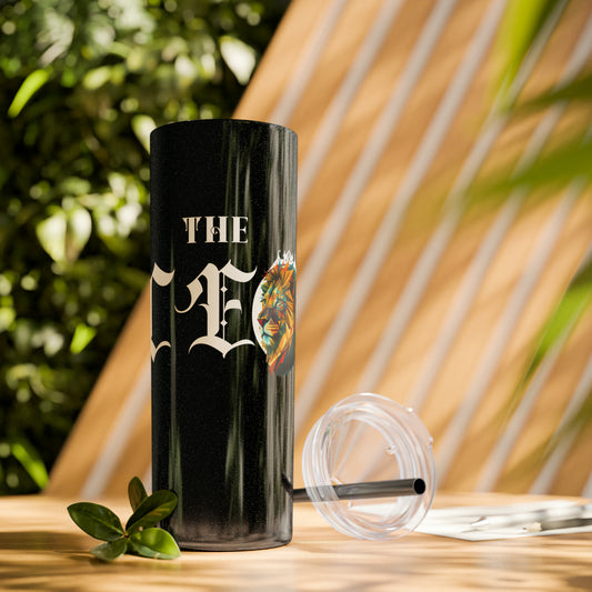 THE CEO: Lion Graphic Skinny Tumbler with Straw, 20oz (Black Matte Finish or Black Glitter Glossy Finish)