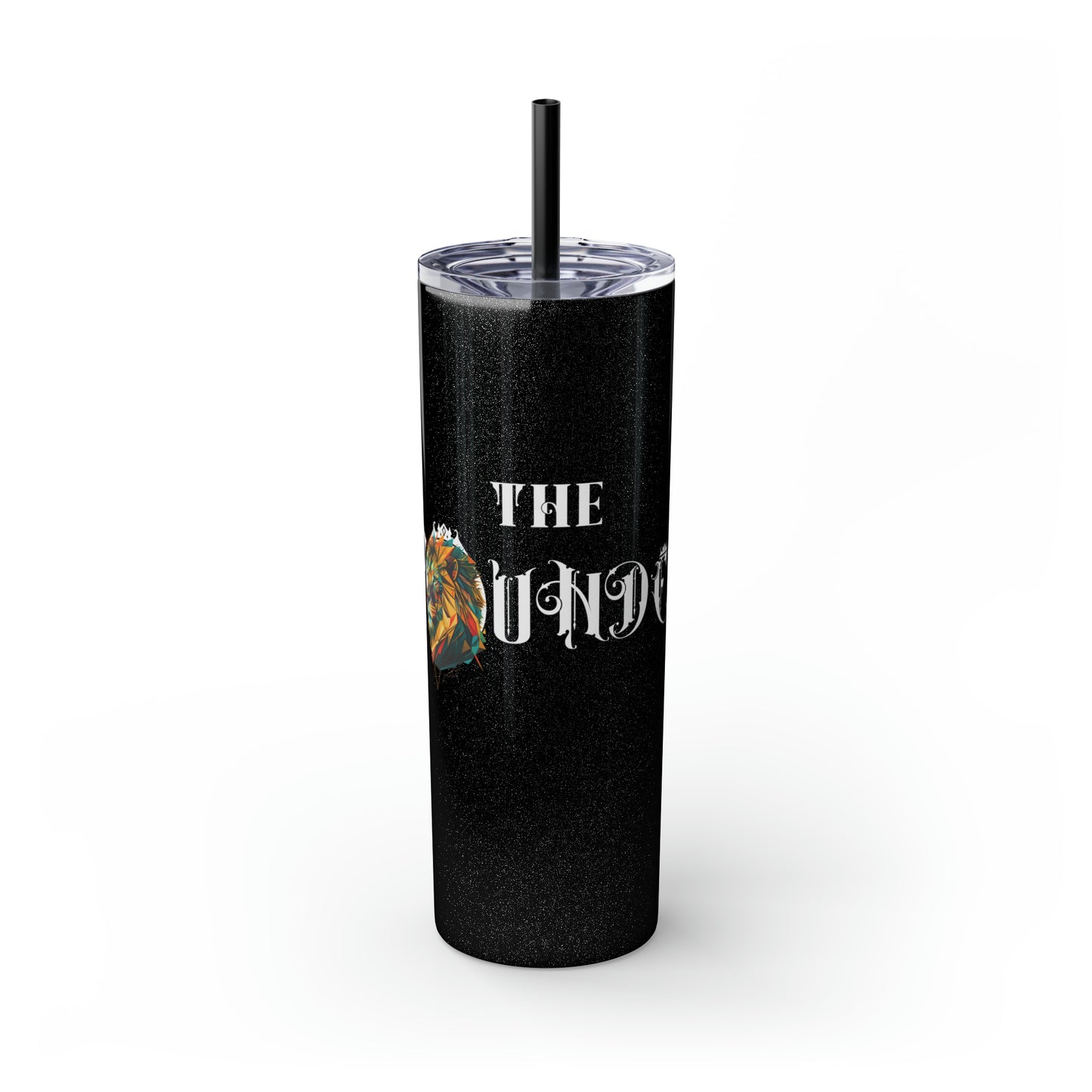 THE FOUNDER: Lion Graphic Skinny Tumbler with Straw, 20oz (Black Matte Finish or Black Glitter Glossy Finish)