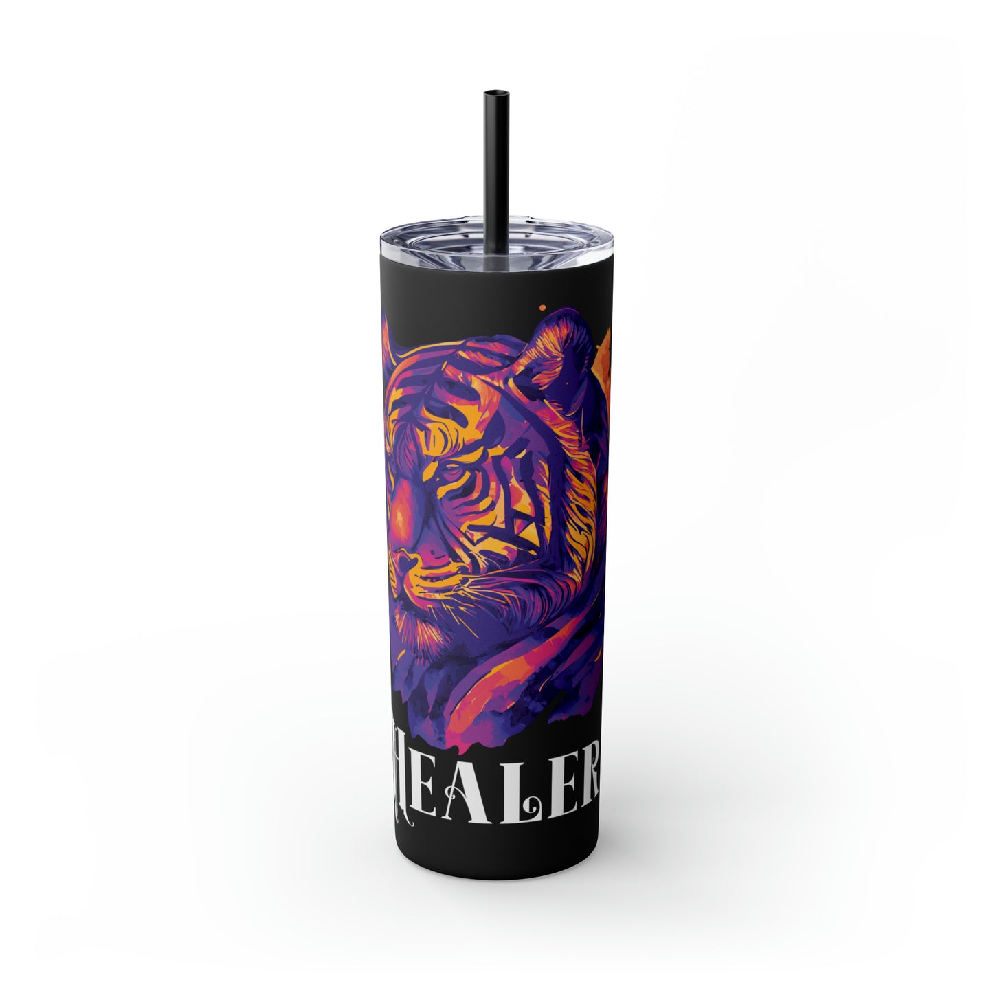 HEALER: Tiger Graphic Skinny Tumbler with Straw, 20oz (Black Matte Finish or Black Glitter Glossy Finish)