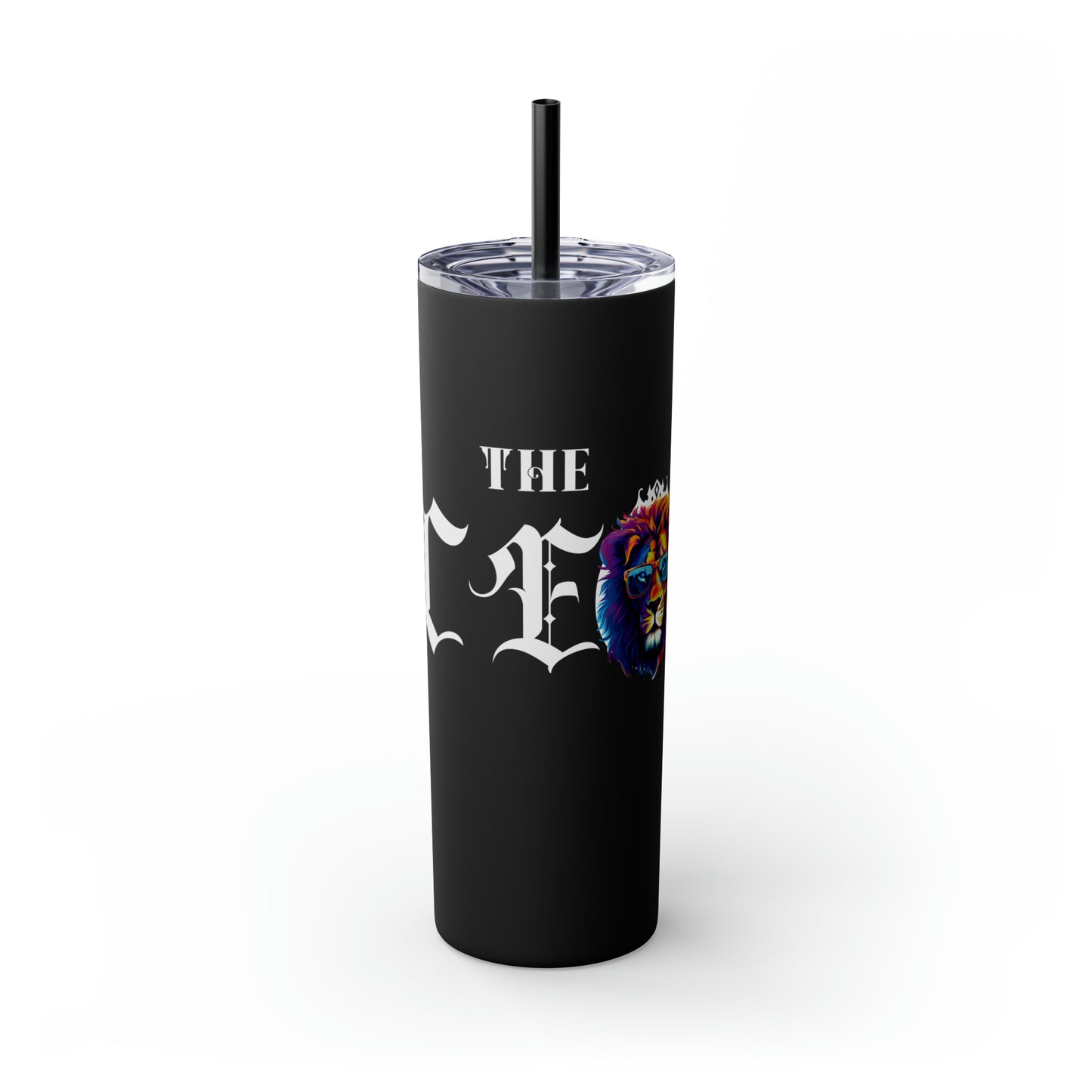 THE CEO: Lion Graphic Skinny Tumbler with Straw, 20oz (Black Matte Finish or Black Glitter Glossy Finish)