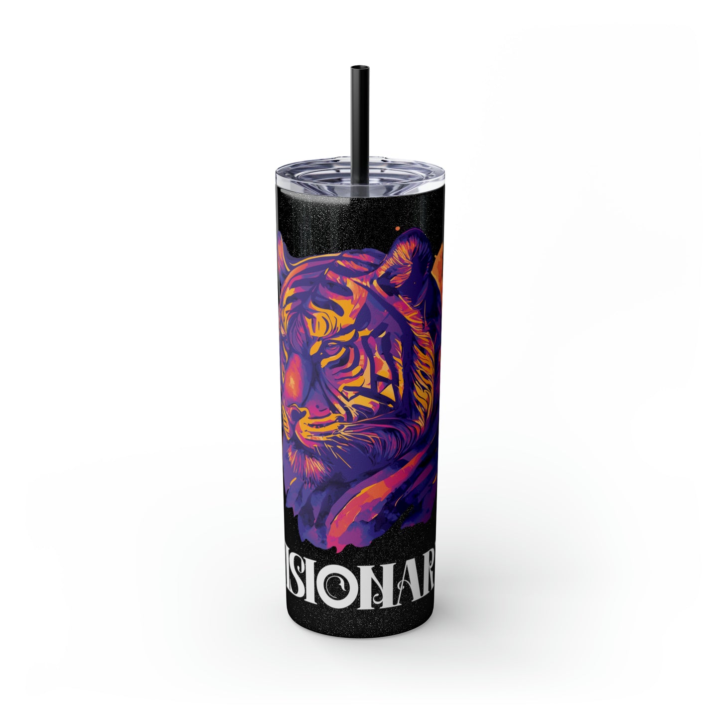 VISIONARY: Tiger Graphic Skinny Tumbler with Straw, 20oz (Black Matte Finish or Black Glitter Glossy Finish)