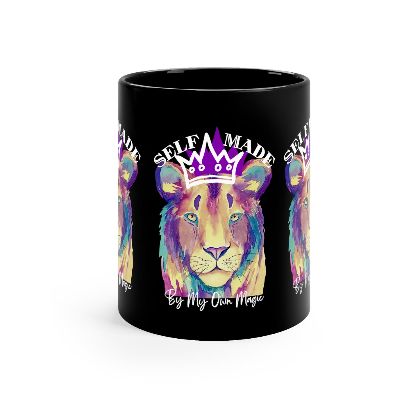 Street Art Remix Lion in Royal Purple: 11oz Black Mug with Glossy Finish