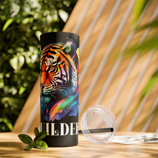 BUILDER: Tiger Graphic Skinny Tumbler with Straw, 20oz (Black Matte Finish or Black Glitter Glossy Finish)