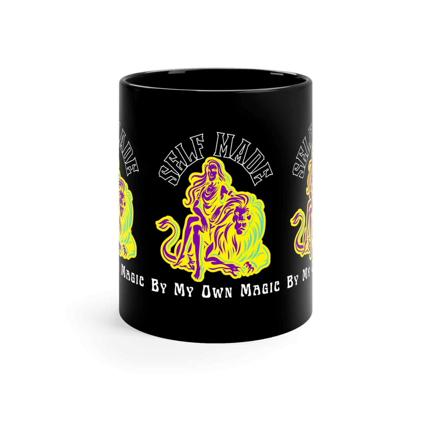 Retro Lady & Lion in Royal Purple: 11oz Black Mug with Glossy Finish